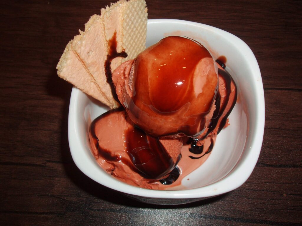 Chocolate Ice Cream 2 scoops topped with chocolate syrup and a waffer